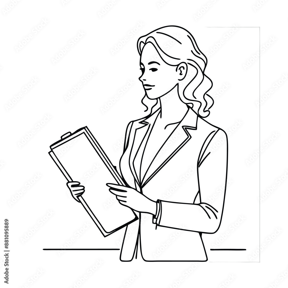 businesswoman holding a file folder. in line art vector style businesswoman holding a file folder. in line art vector style