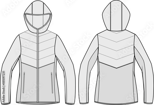 Hooded puffer jacket technical CAD fashion illustration front and back views	