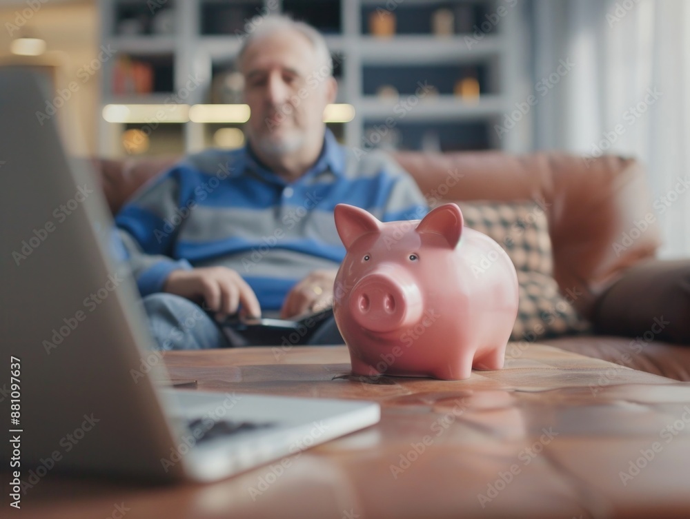 A piggy bank sitting next to a laptop, a combination of finance and technology