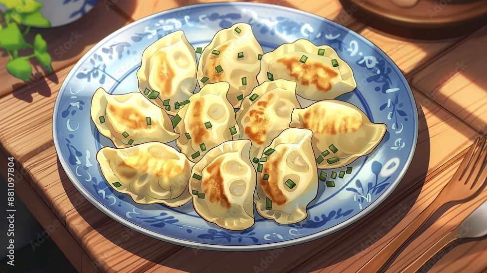 cute plate of anime style pierogi with onions. Anime food, anime background cute plate of anime style pierogi with onions. Anime food, anime background