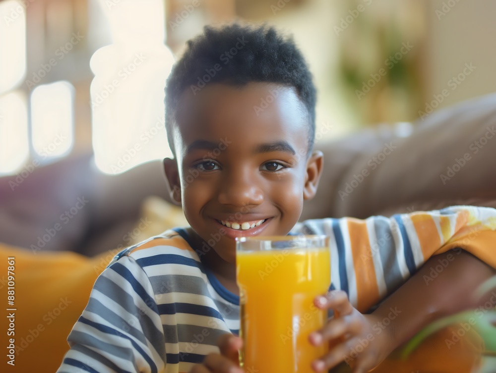 Smiling Young Boy Enjoying a Glass of Orange Juice at Home Smiling Young Boy Enjoying a Glass of Orange Juice at Home