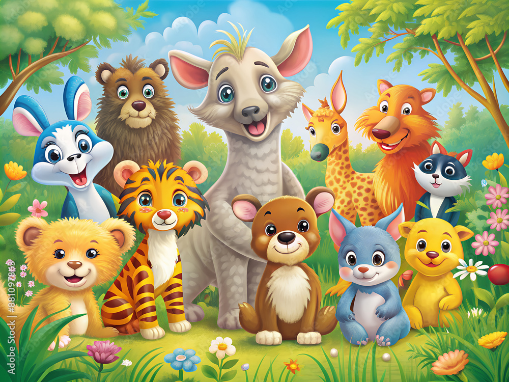 Naklejka premium Illustration of a group of animals at the jungle