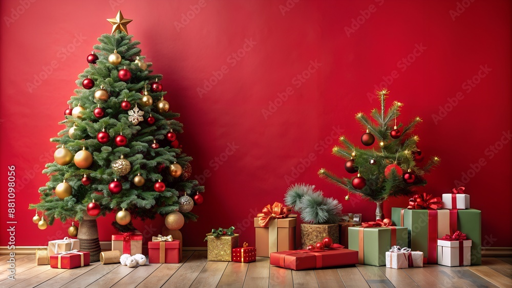 New Year's studio with a red background with all the toys, gifts and a Christmas tree, without people, space for text, New Year's studio with a red background with all the toys, gifts and a Christmas tree, without people, space for text,