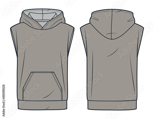  Sleeveless Hoodie technical fashion illustration. Hooded Sweatshirt fashion flat technical drawing template, pocket, front and back view, cappuccino brown, women, men, unisex CAD mockup.