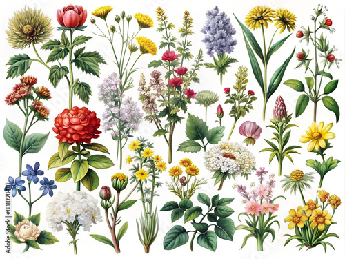 Floral collection of flowers and plants of different colors and sizes. Natural beauty