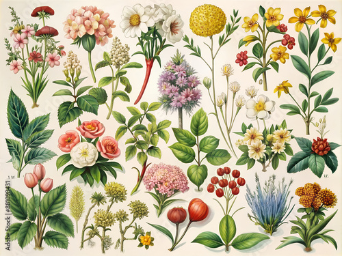 A collection of flowers and plants in various colors and sizes. Concept of natural beauty and diversity