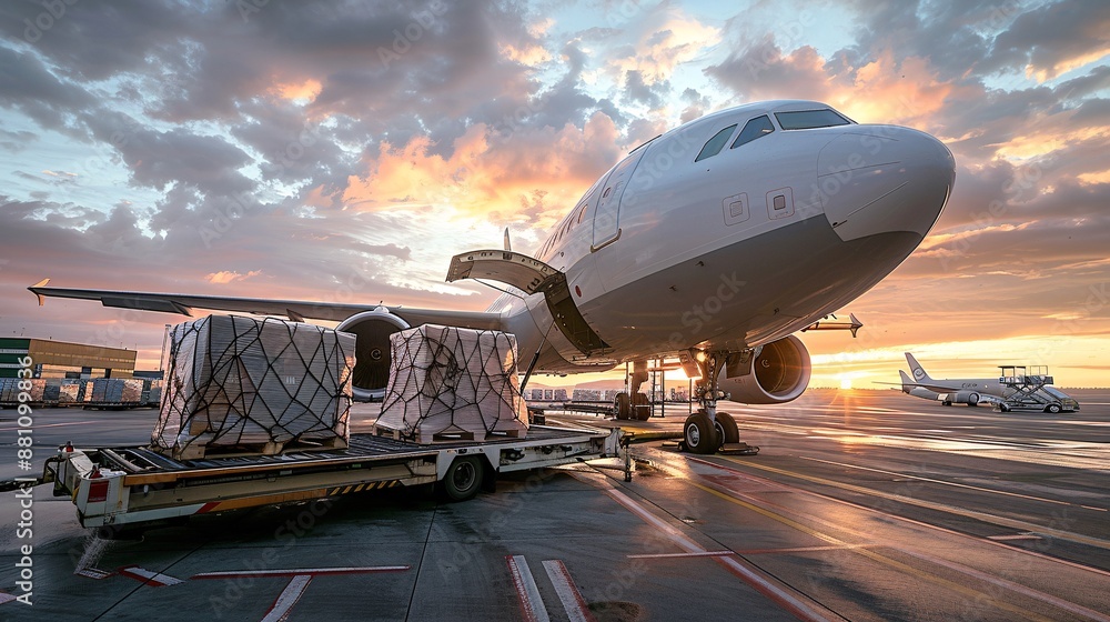 Cargo plane loading on runway with packages Cargo plane loading on runway with packages