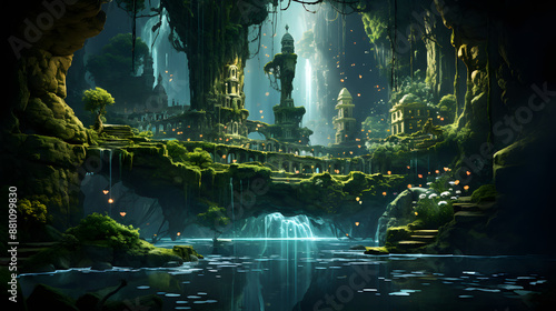 An abandoned, overgrown city lies within a cavern, where waterfalls cascade from the cave ceiling and bioluminescent flora light up the night.
