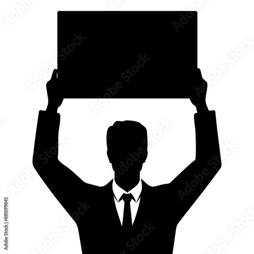 Businessman holding up a blank sign silhouette. Template mock up vector illustration