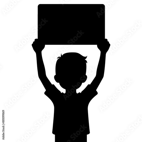 Silhouette of a boy holding up an empty sign board. vector illustration