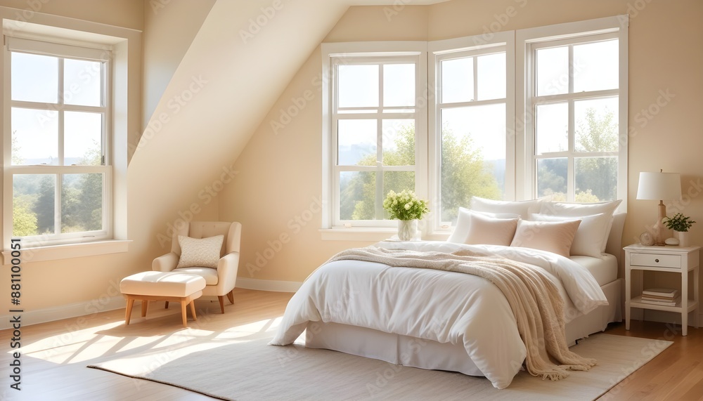 Fototapeta premium A beautiful bedroom with bed and pillows with bright sunny windows