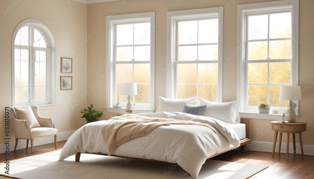 Fototapeta premium A beautiful bedroom with bed and pillows with bright sunny windows