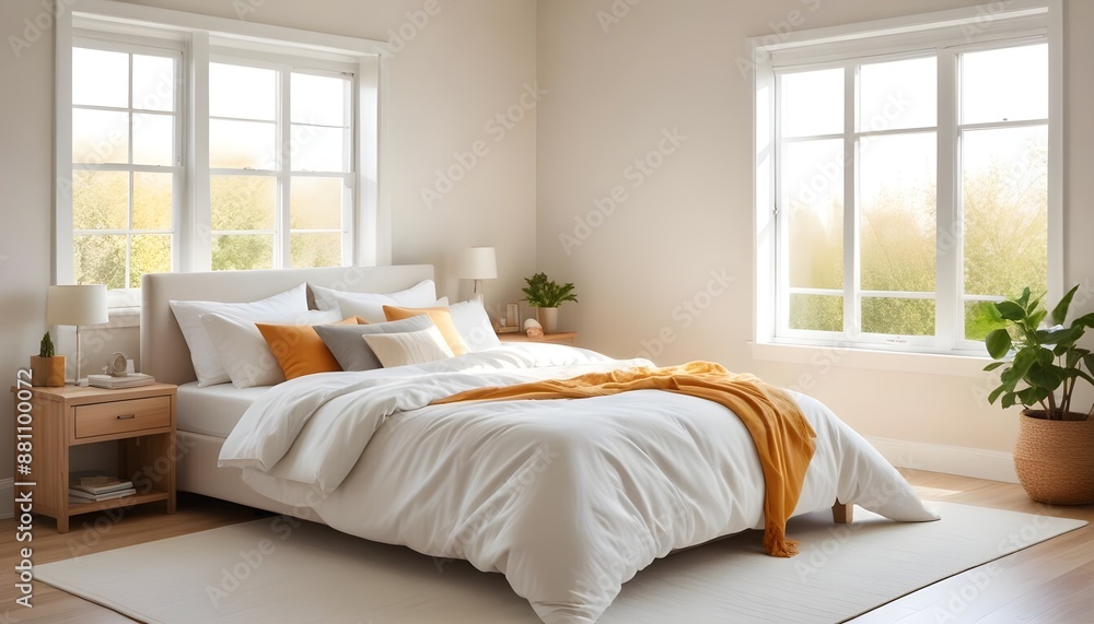 Fototapeta premium A beautiful bedroom with bed and pillows with bright sunny windows