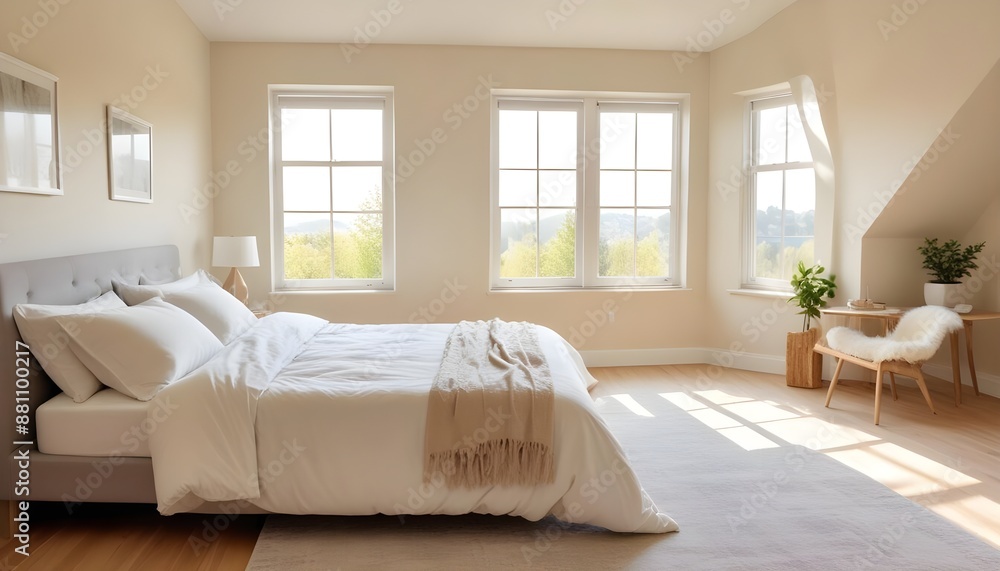 Fototapeta premium A beautiful bedroom with bed and pillows with bright sunny windows