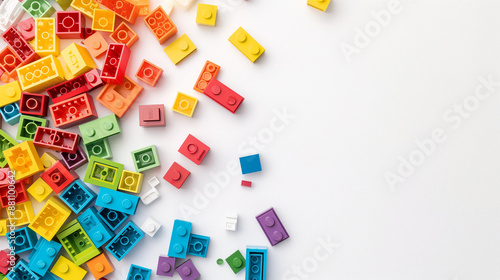  White background, white space in the center of picture. A pile of colorful Lego blocks scattered all over the place. The lego bricks of different shapes and sizes to show diversity