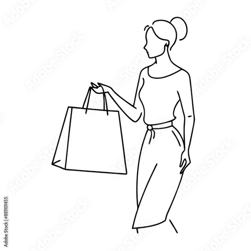 woman with a shopping bag. line art vector illustration  