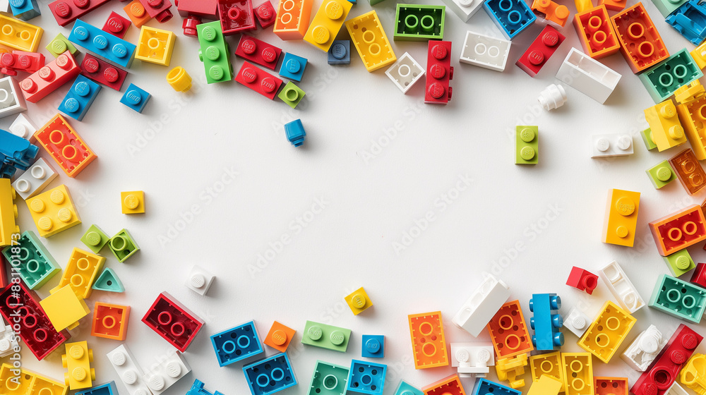 White background, white space in the center of picture. A pile of colorful blocks scattered all over the place. The bricks of different shapes and sizes to show diversity White background, white space in the center of picture. A pile of colorful blocks scattered all over the place. The bricks of different shapes and sizes to show diversity