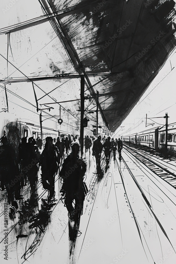 Fototapeta premium A black and white sketch of a bustling train station