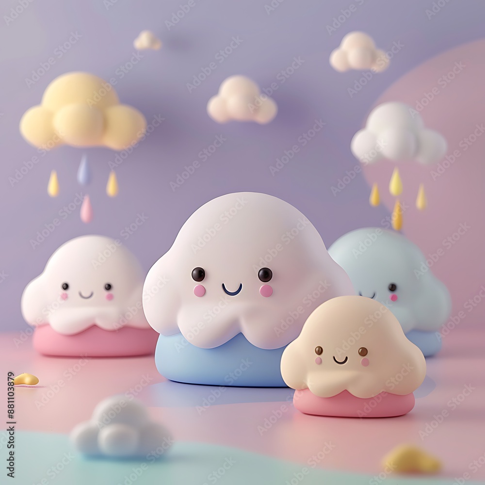 Adorable Fluffy Pastel Clouds Smiling and Drizzling Rain Adorable Fluffy Pastel Clouds Smiling and Drizzling Rain