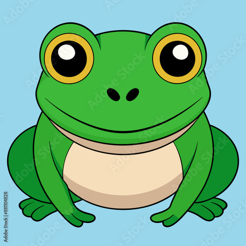 Green cartoon frog sitting and smiling in nature, cute and funny amphibian character