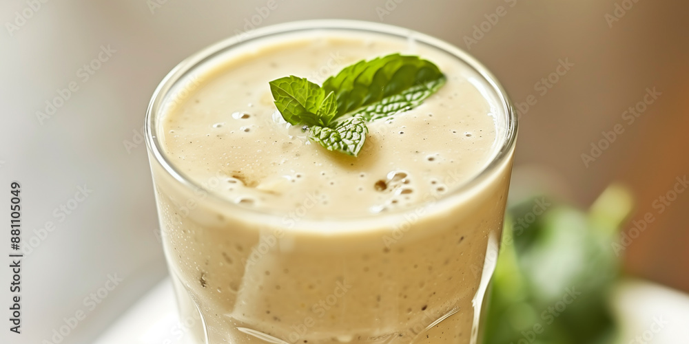 Glass of protein smoothie with spinach, banana, protein powder, almond milk, and mint leaf Glass of protein smoothie with spinach, banana, protein powder, almond milk, and mint leaf