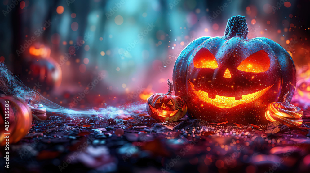 Fototapeta premium Happy Halloween, background animated pumpkins bright purple background spider web space for text