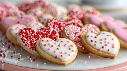 A charming display of Valentine's Day cookies, each decorated with red and pink icing