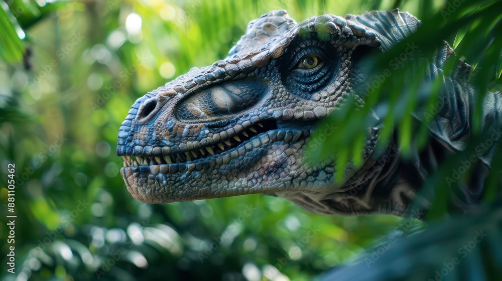 Obraz premium Close Up of a Velociraptor in Lush Foliage