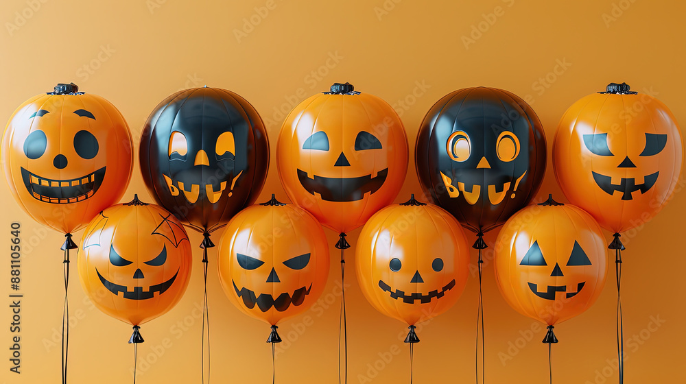 Obraz premium Row orange and black Halloween balloons with scary and funny faces on bright yellow background
