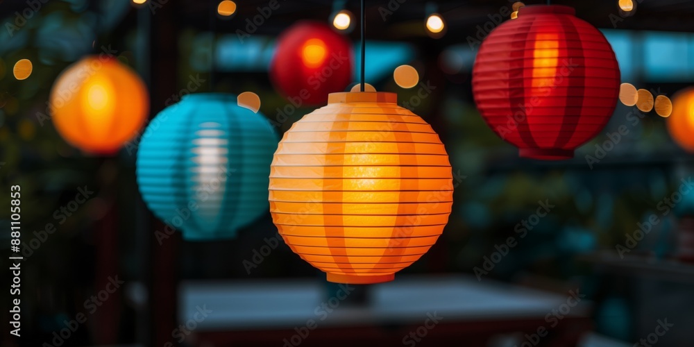 Fototapeta premium Colorful lanterns hang in a garden at night, casting a warm glow on the surrounding foliage
