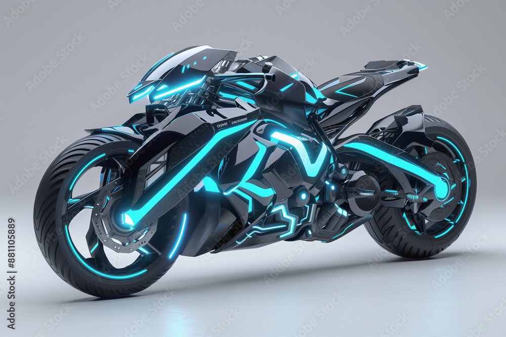 Futuristic Neon Motorcycle with Blue LED Lights on Gray Background
Futuristic Neon Motorcycle with Blue LED Lights on Gray Background