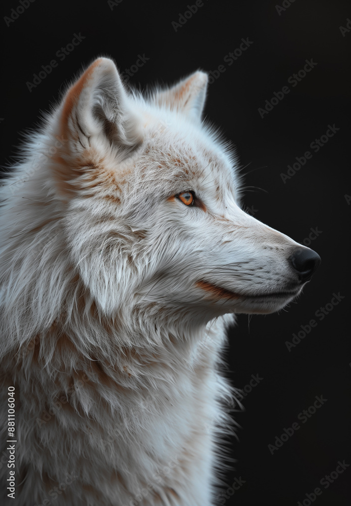 Profile of White Wolf Against Dark Background, Regal and Majestic
Profile of White Wolf Against Dark Background, Regal and Majestic