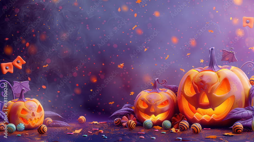 Fototapeta premium Happy Halloween. Bright whimsical Halloween background with orange pumpkins
