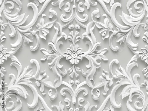 Wallpaper pattern with floral design, damask tapestry on white background, baroque retro style