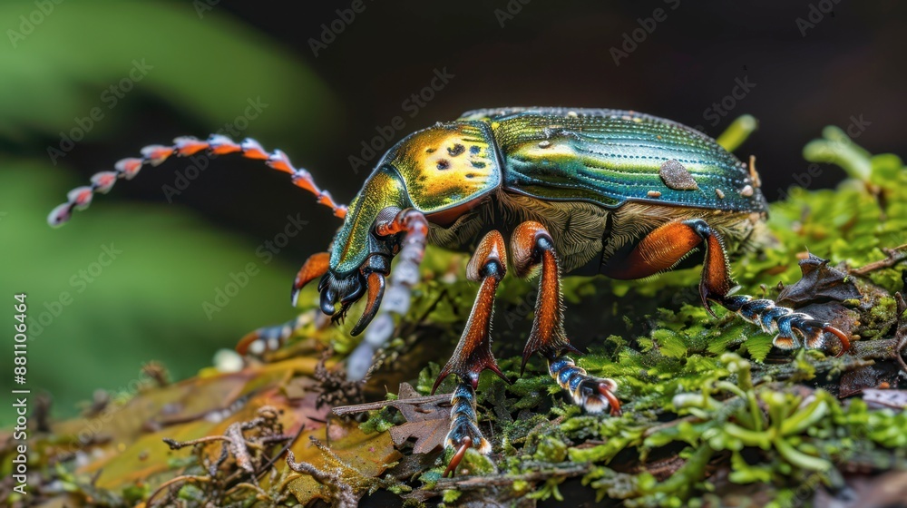 Fototapeta premium A Green And Orange Beetle Perched On Mossy Forest Floor