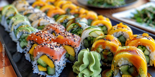 Platter of gluten-free sushi rolls with avocado, cucumber, and mango, served with tamari and wasabi. photo