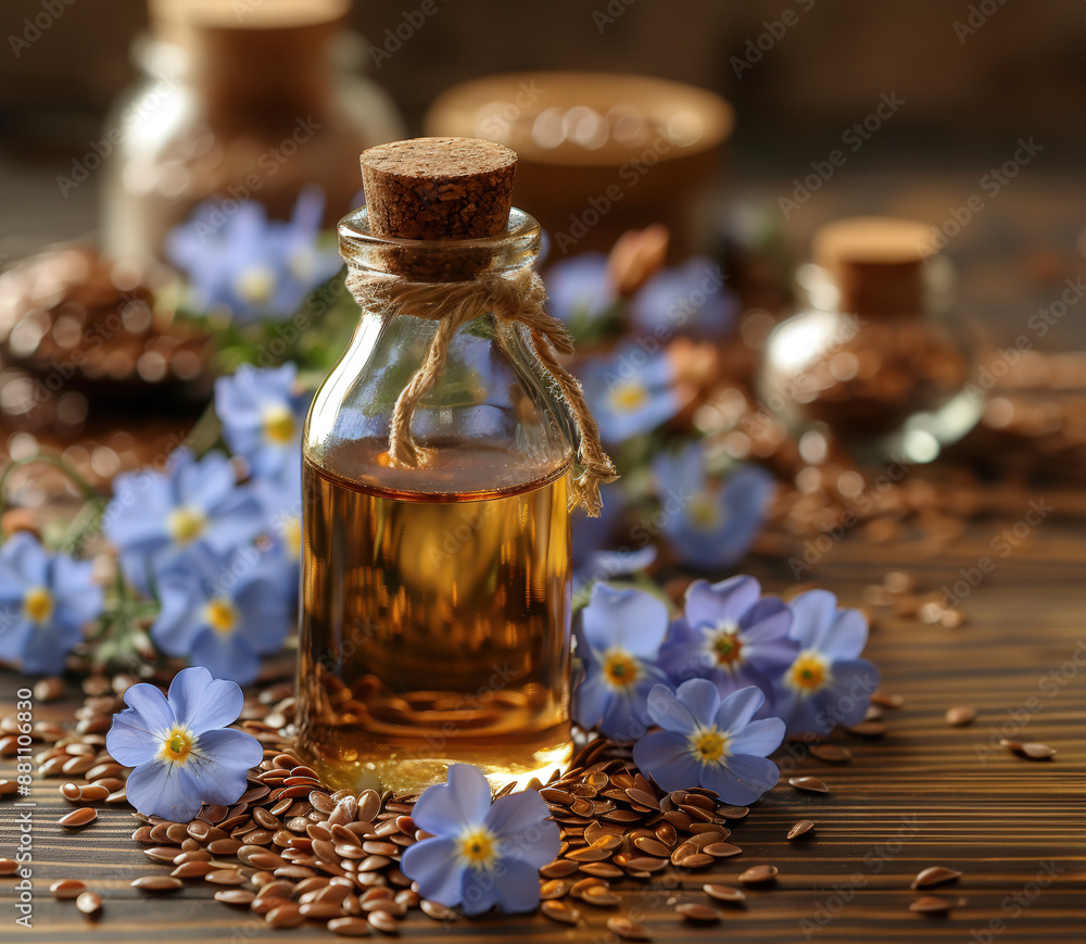 Bottle flaxseed oil surrounded flax seeds and blue flax flowers, with rustic wooden background. Bottle flaxseed oil surrounded flax seeds and blue flax flowers, with rustic wooden background.