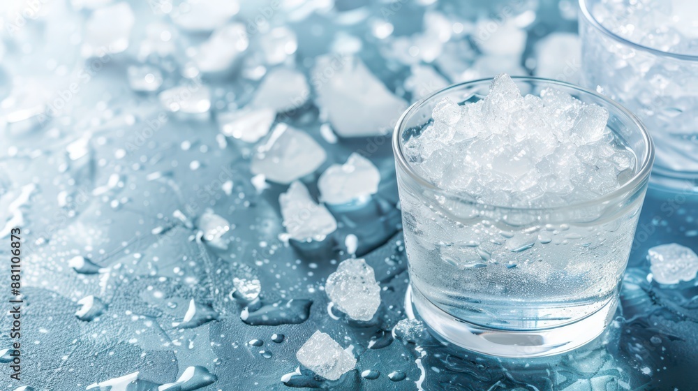 Closeup of Crushed Ice in Glass of Water on Wet Surface Closeup of Crushed Ice in Glass of Water on Wet Surface