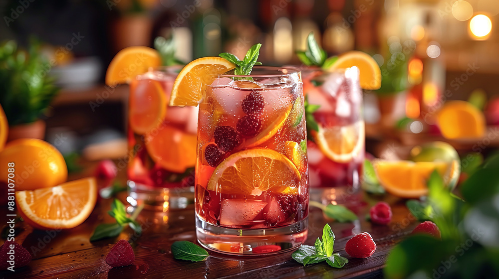 Glass of non-alcoholic Sangria served on cafe table. Glass of non-alcoholic Sangria served on cafe table.