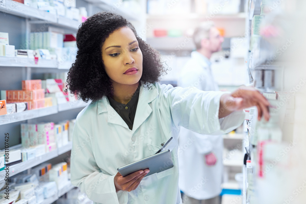 Woman, pharmacy and tablet by shelf for drugs, stock and inventory for order from supplier. Pharmacist, person and notes on touchscreen for sales stats, product and pills for health with app at shop Woman, pharmacy and tablet by shelf for drugs, stock and inventory for order from supplier. Pharmacist, person and notes on touchscreen for sales stats, product and pills for health with app at shop