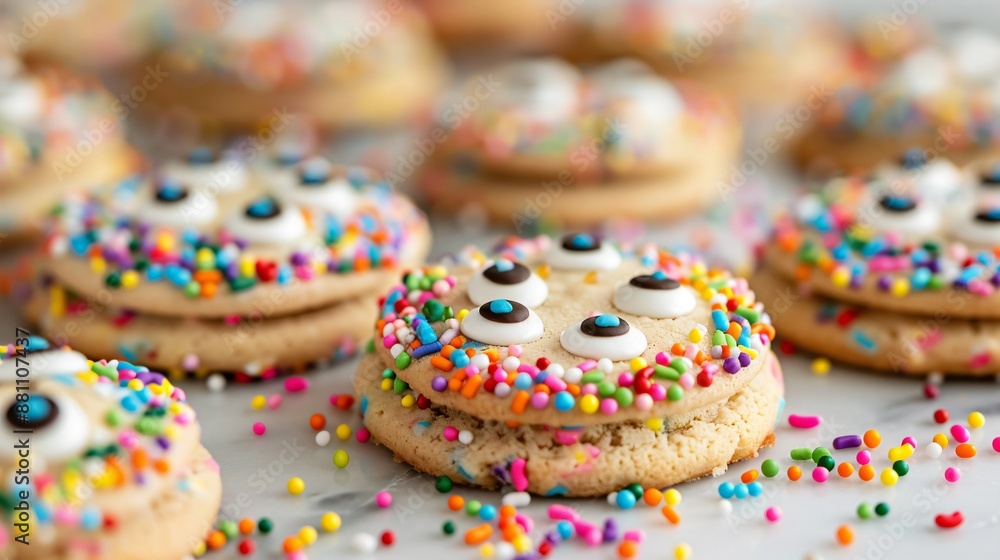 A whimsical display of monster cookies, each decorated with candy eyes and colorful sprinkles A whimsical display of monster cookies, each decorated with candy eyes and colorful sprinkles