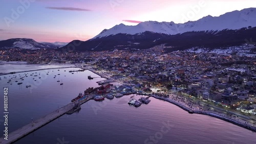 Aerial view of the City of Ushuaia at sunset.
