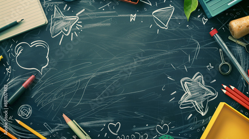 back to school background, frame of stationery on a green chalk board