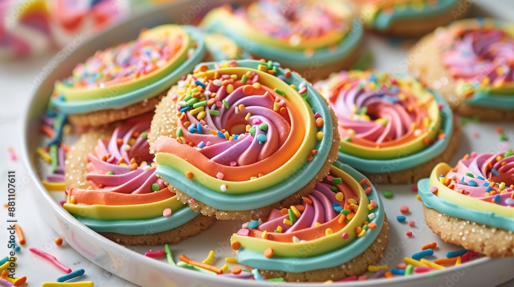 A whimsical scene with a plate of rainbow-colored pinwheel cookies, perfect for a party