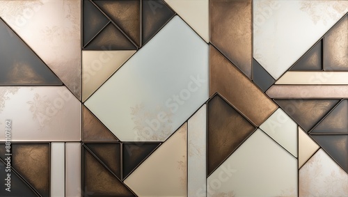 A wall covered with small metal tiles arranged in a geometric pattern