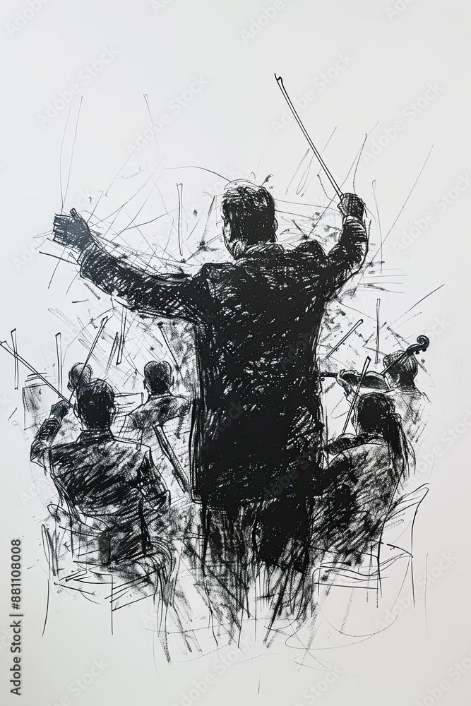 Fototapeta premium A black and white sketch of a conductor leading an orchestra