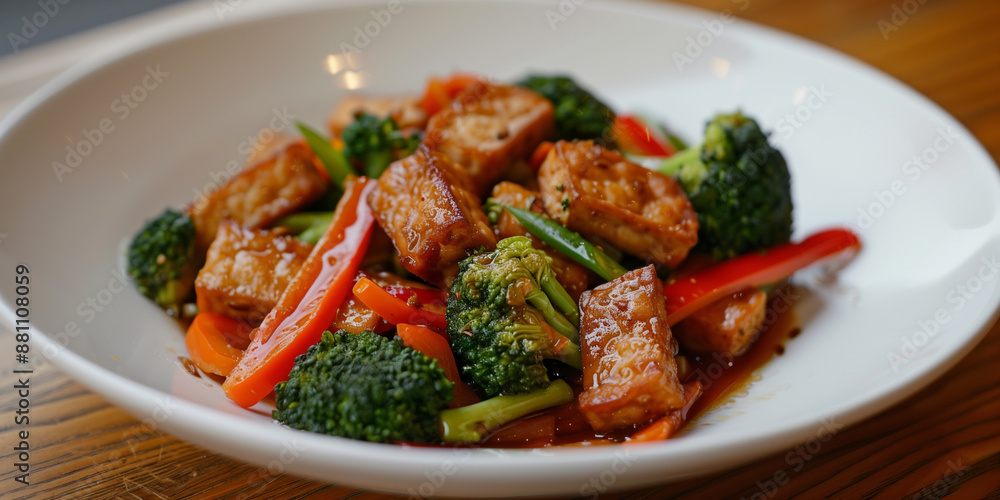 Tempeh stir-fry with broccoli, bell peppers, carrots, and ginger-soy sauce Tempeh stir-fry with broccoli, bell peppers, carrots, and ginger-soy sauce