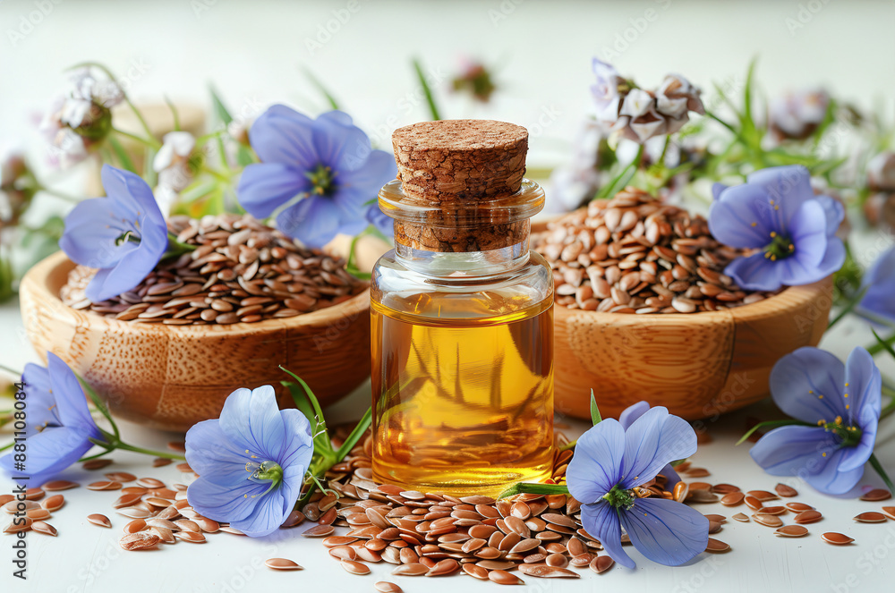Bottle flaxseed oil surrounded flax seeds and blue flax flowers, with rustic wooden background. Bottle flaxseed oil surrounded flax seeds and blue flax flowers, with rustic wooden background.