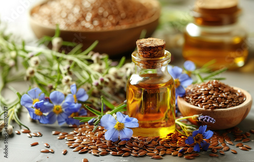 Bottle flaxseed oil surrounded flax seeds and blue flax flowers, with rustic wooden background.