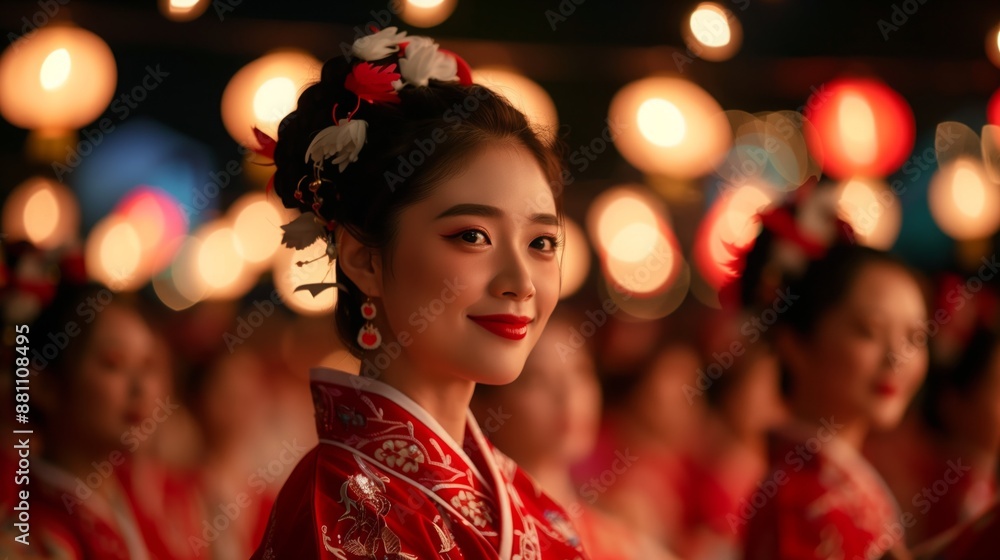 A woman dressed in a red and gold Chinese costume smiles during a performance A woman dressed in a red and gold Chinese costume smiles during a performance
